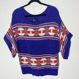 American Eagle Outfitters Blue and Orange Aztec Print Knit Pullover Sweater L